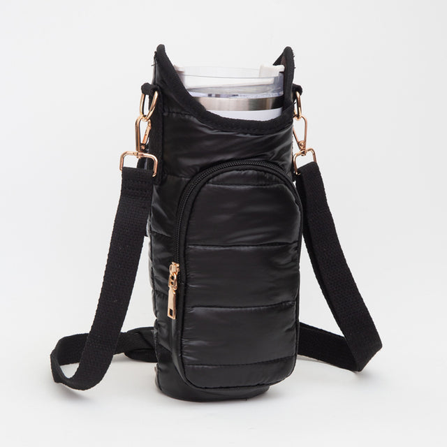 Madeline Love Black Shiny Quilted Puffer Tumbler Carrier Holder Crossbody Bag - Bags & Wallets
