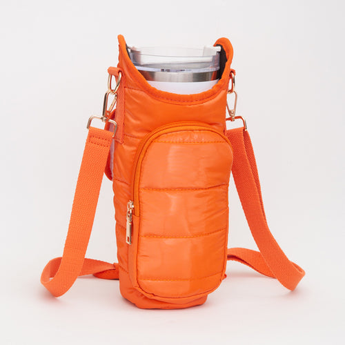 Shiny Quilted Puffer Tumbler Carrier Holder Crossbody Bag - Orange