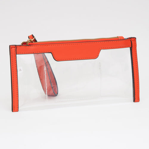 Transparent Flap Wristlet Pouch / Clutch Bag - Clear, Orange