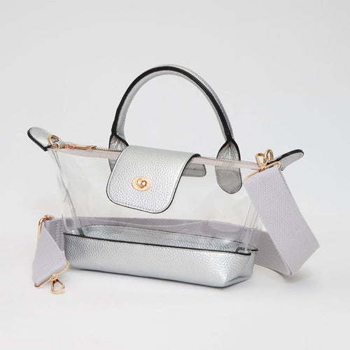 Faux Leather Compact Transparent Top Handle Crossbody Bag - Clear, Silver