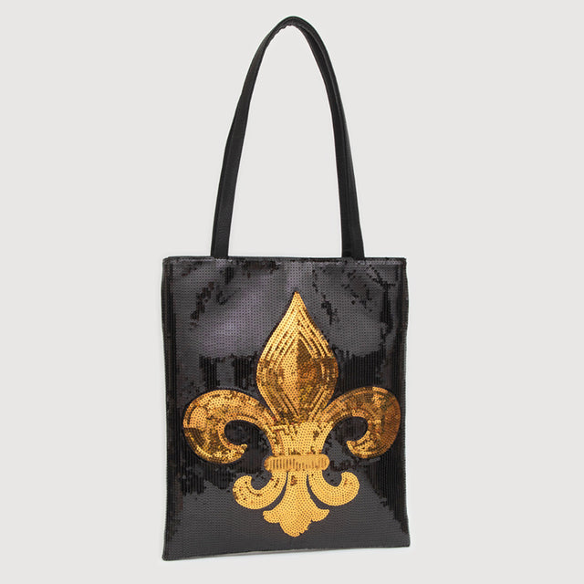 Black Fleur de Lis Sequin Front Tote Bag