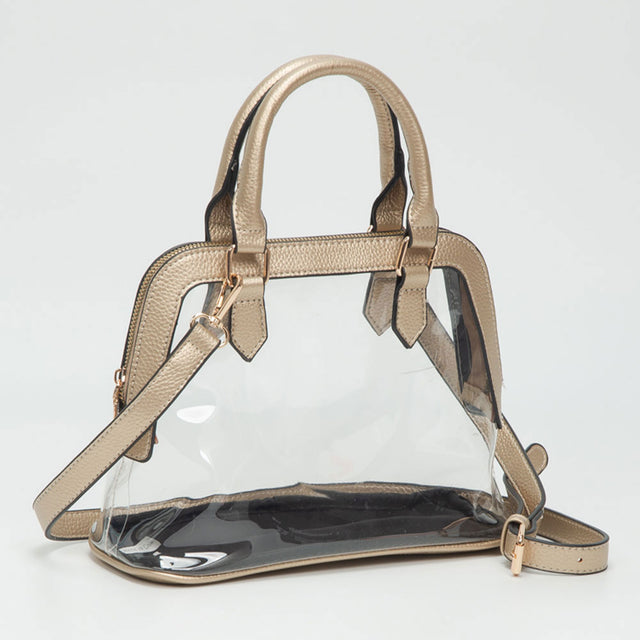 Madeline Love Clear, Gold Faux Leather Trim Transparent Structured Top Handle Handbag / Crossbody Bag - Bags & Wallets