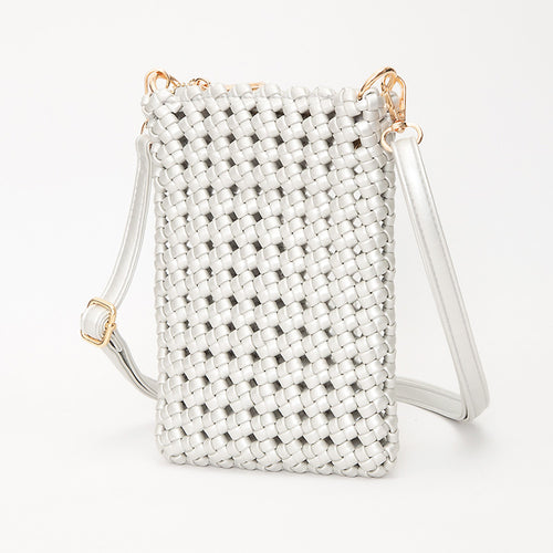 Faux Leather Woven Small Crossbody Bag - Silver