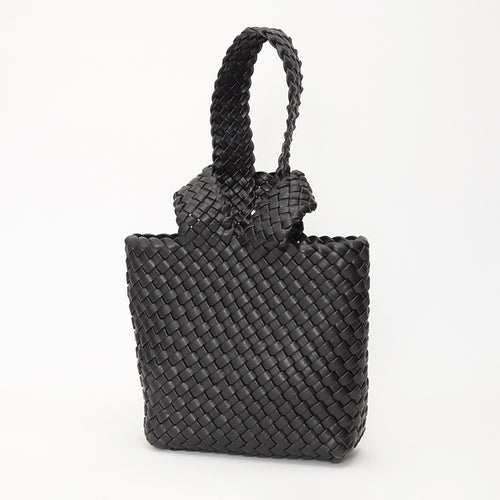 Faux Leather Basket Weave Knotted Handle Handbag - Black