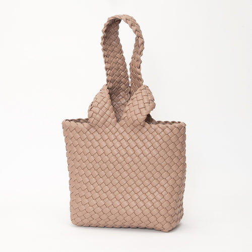 Faux Leather Basket Weave Knotted Handle Handbag - Taupe