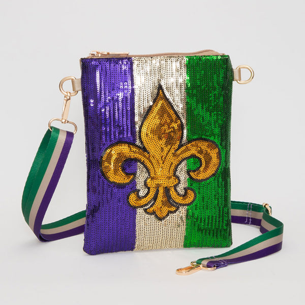 Gold Fleur de Lis Mardi Gras Sequin Crossbody Bag