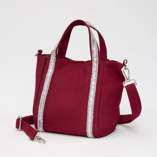 Rhinestone Embellished Strap Accent Mini Canvas Tote Bag / Crossbody Bag - Neutral