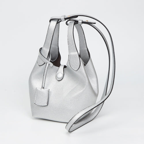 Pebbled Faux Leather Bucket Bag Handbag Crossbody Bag - Silver