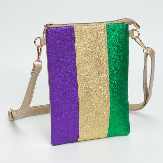 Gold Glittered Vertical Strip Mardi Gras Flat Mini Crossbody Bag
