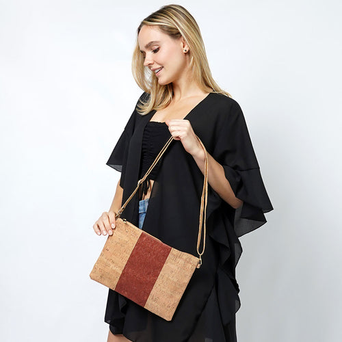Color Block Cork Crossbody Bag - Red