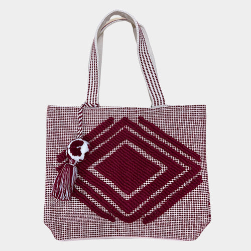 Boho Patterned Pom Pom Shoulder Bag - Burgundy