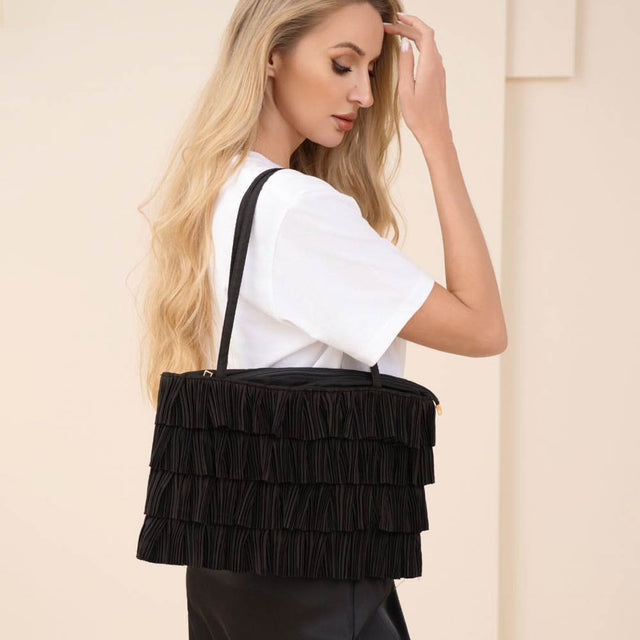 Madeline Love Black Layered Ruffle Front Fabric Shoulder Tote Bag - Bags & Wallets