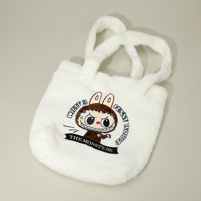 Madeline Love White Monster Bunny Character Embroidered Faux Fur Plush Tote Bag - Bags & Wallets