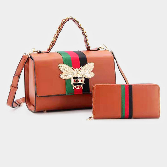 Madeline Love Brown 2PCS - Honey Bee Accented Color Block Faux Leather Tote Bag Wallet Set - Bags & Wallets
