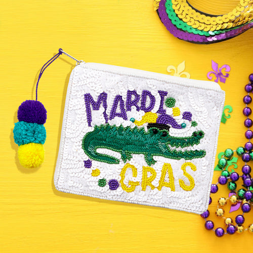 Sequin Seed Beaded Mardi Gras Message Alligator Pom Pom Mini Pouch Bag - Multi