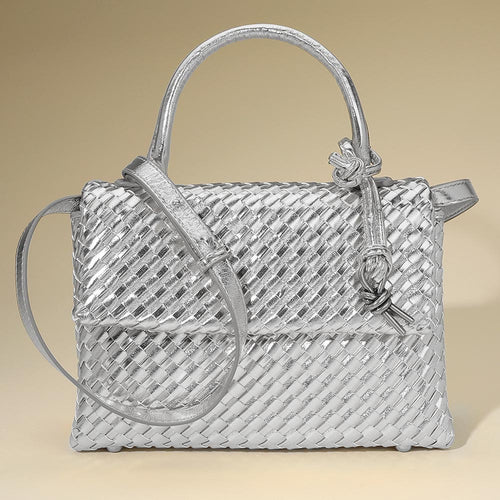 Faux Leather Woven Structured Top Handle Handbag Crossbody Bag - Silver