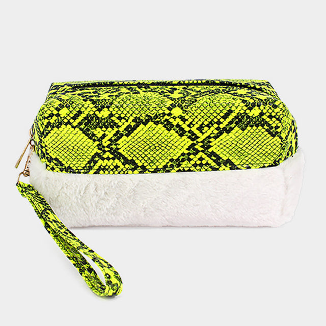 Madeline Love Neon, Yellow Snake Skin Patterned Faux Leather Soft Fur Wristlet Pouch Bag - Bags & Wallets