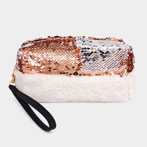 Reversible Sequin Soft Fur Wristlet Pouch Bag - Rose Gold , Silver