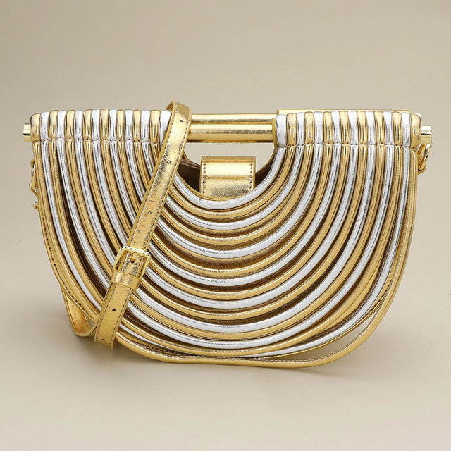 Madeline Love Gold, Silver Faux Leather Unique Half Moon Structured Handbag Crossbody Bag - Bags & Wallets