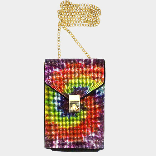 Tie Dye Bling Rectangle Crossbody Cellphone Bag - Dark, Multi