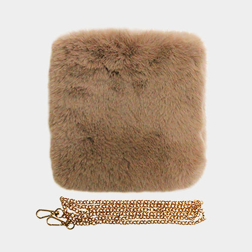 Faux Fur Square Crossbody Bag - Tan