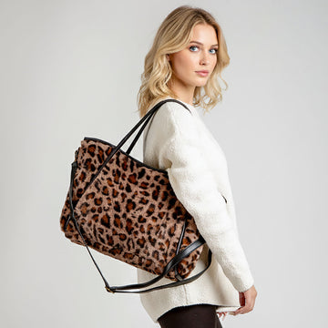 Madeline Love Leopard, Taupe Leopard Pattern Faux Fur Shoulder Bag - Bags & Wallets
