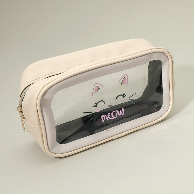 Madeline Love Beige Meow Cat Face Printed Transparent Travel Cosmetic Pouch Bag - Beauty & Cosmetics