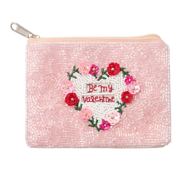 BE MY VALENTINE Message Flower Sequin Seed Beaded Mini Pouch Bag