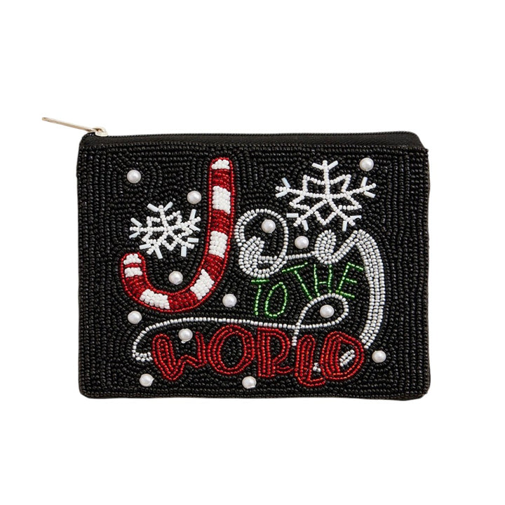Black Multi JOY TO THE WORLD Holiday Message Pearl Seed Beaded Mini Pouch Bag