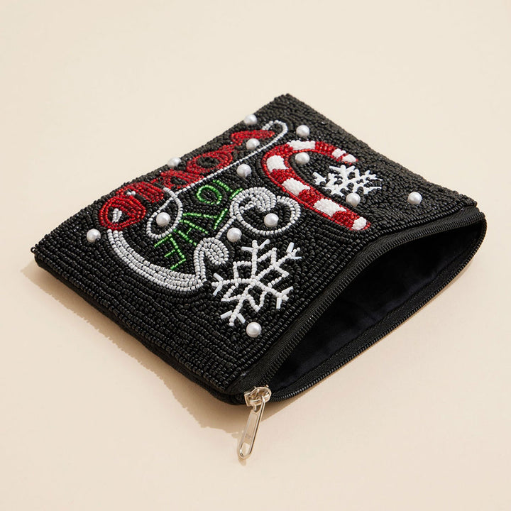 Black Multi JOY TO THE WORLD Holiday Message Pearl Seed Beaded Mini Pouch Bag