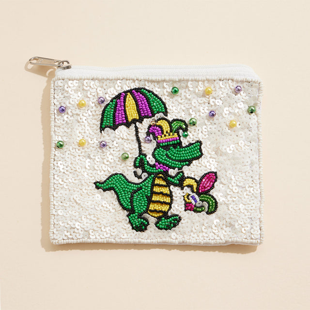 White Mardi Gras Alligator Sequin Pearl Ball Seed Beaded Mini Pouch Bag