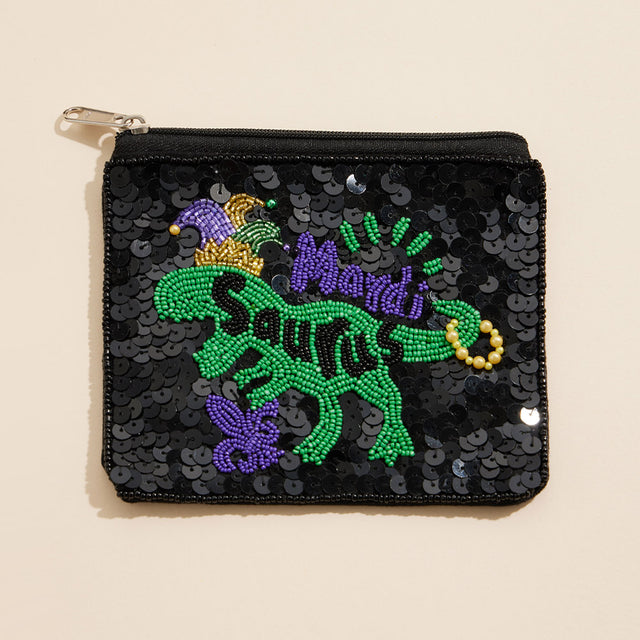 Black Mardi Gras Saurus Sequin Seed Beaded Mini Pouch Bag