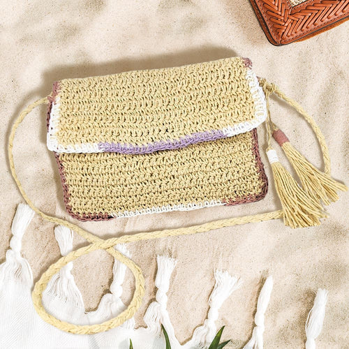 Double Tassel Pointed Color Block Straw Crossbody Bag - Ivory