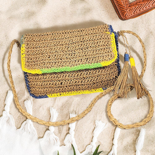 Double Tassel Pointed Color Block Straw Crossbody Bag - Khaki