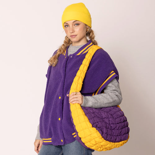 Game Day Quilted Puffer Shoulder Crossbody Bag Cloud Bag - Purple , Yellow