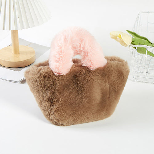 Two Tone Faux Fur Micro Tote Crossbody Bag - Taupe