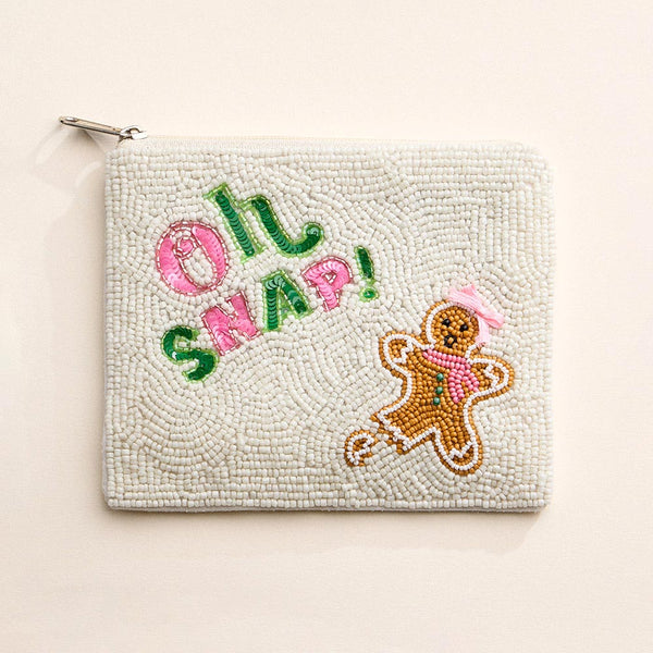 Multi OH SNAP Message Gingerbread Man Seed Beaded Mini Pouch Bag