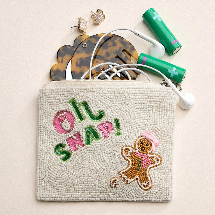 Multi OH SNAP Message Gingerbread Man Seed Beaded Mini Pouch Bag