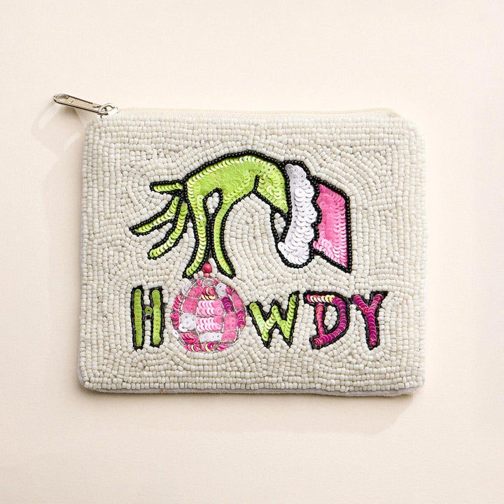 Multi HOWDY Message Christmas Grinch Hand Seed Beaded Mini Pouch Bag