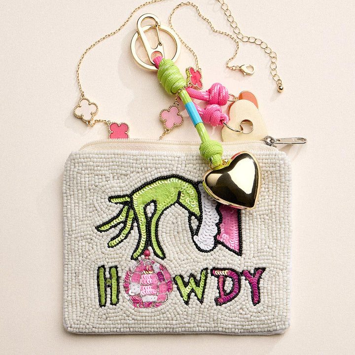 Multi HOWDY Message Christmas Grinch Hand Seed Beaded Mini Pouch Bag