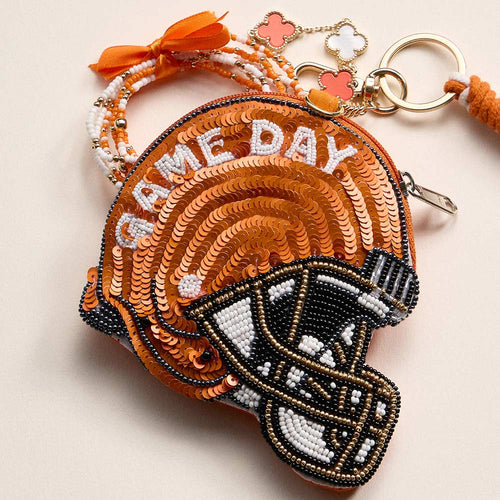 TEXANS GAME DAY Football Helmet Sequin Seed Beaded Knot Keychain Mini Pouch Bag - Orange, White