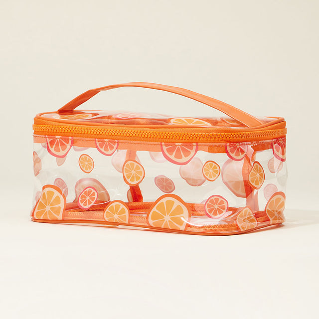 Madeline Love Clear, Orange Top Handle Orange Pattern Transparent Cosmetic Pouch Bag - Beauty & Cosmetics