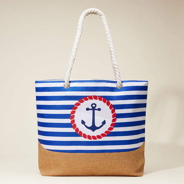 Blue Anchor Printed Striped Rope Handle Beach Tote Bag