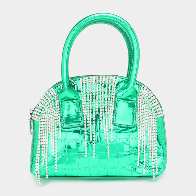 Madeline Love Green Rhinestone Embellished Metallic Tote / Crossbody Bag - Bags & Wallets