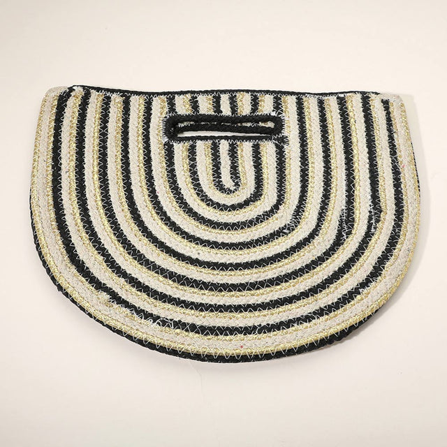 Madeline Love Black, Gold Round Stripped Knitted Woven Tote Bag - Bags & Wallets