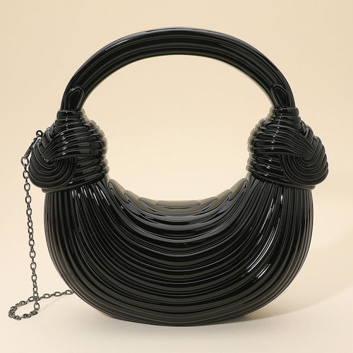 Hard Shell Metallic Sculpted Loop Top Handle Handbag - Black