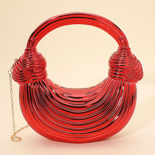 Hard Shell Metallic Sculpted Loop Top Handle Handbag - Red