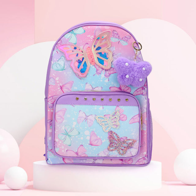 Madeline Love Purple HOT FOCUS - Butterfly Patch Decorative Deluxe Backpack with a Pom Pom Keychain - Bags & Wallets