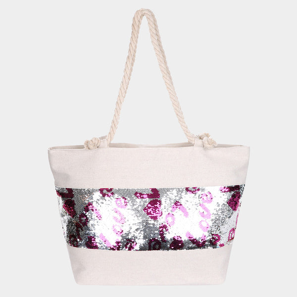 Sequin Love Heart Rope Tote Beach Bag