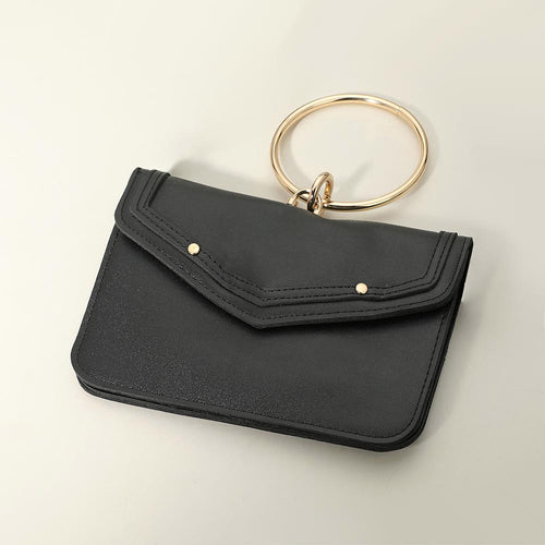 Metal Ring Handle Faux Leather Mini Envelope Clutch Bag / Crossbody Bag - Black
